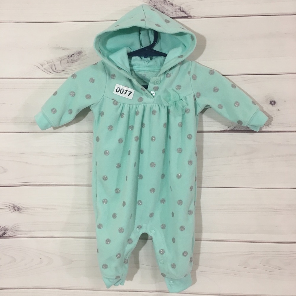 Baby 3M Mint Glitter Polka Dot Hooded Jumpsuit